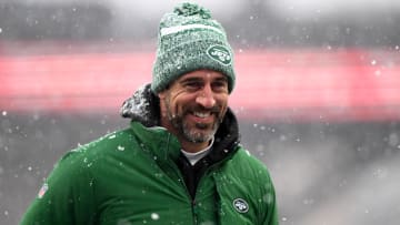 Jan 7, 2024; Foxborough, Massachusetts, USA; New York Jets quarterback Aaron Rodgers (8)  walks off of the field before a game against the New England Patriots at Gillette Stadium. 