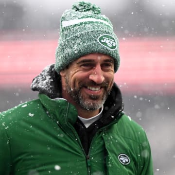 Jan 7, 2024; Foxborough, Massachusetts, USA; New York Jets quarterback Aaron Rodgers (8)  walks off of the field before a game against the New England Patriots at Gillette Stadium.