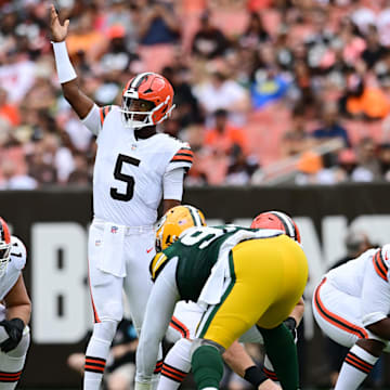 Aug 10, 2024; Cleveland, Ohio, USA; Cleveland Browns quarterback Jameis Winston (5) runs the offense against the Green Bay Packers during the first quarter at Cleveland Browns Stadium.