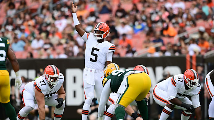 Aug 10, 2024; Cleveland, Ohio, USA; Cleveland Browns quarterback Jameis Winston (5) runs the offense against the Green Bay Packers during the first quarter at Cleveland Browns Stadium.