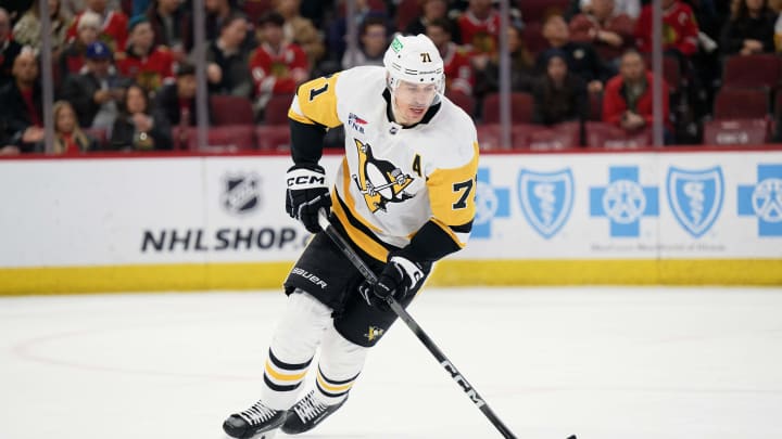 Feb 15, 2024; Chicago, Illinois, USA;  Pittsburgh Penguins forward Evgeni Malkin (71) skates against the Chicago Blackhawks at United Center. Mandatory Credit: Jamie Sabau-USA TODAY Sports