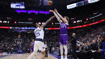 Mar 25, 2024; Salt Lake City, Utah, USA; Utah Jazz forward Lauri Markkanen (23) shoots over Dallas