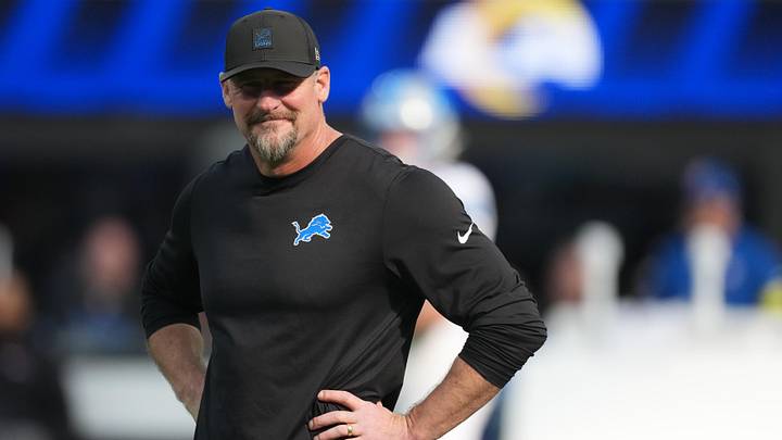 Detroit Lions head coach Dan Campbell is seen during warmups prior to the game against the Los Angeles Rams at SoFi Stadium. Mandatory Credit: Kirby Lee-Imagn Images