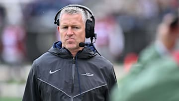 Oct 25, 2025; Pullman, Washington, USA; Toledo Rockets head coach Jason Candle walks the side line against the Washington State Cougars in the first half at Gesa Field at Martin Stadium. Mandatory Credit: James Snook-Imagn Images