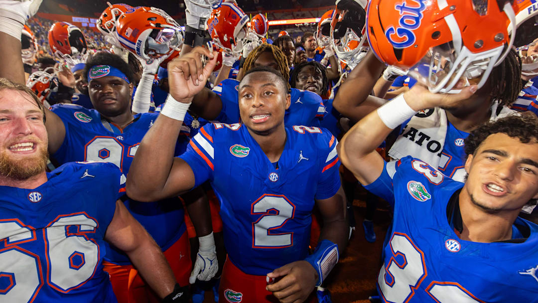 Florida QB DJ Lagway (No. 2) celebrates his first career start after beating Samford on Sept. 7, 2024.