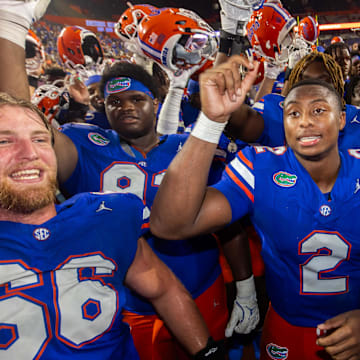 Florida QB DJ Lagway (No. 2) celebrates his first career start after beating Samford on Sept. 7, 2024.