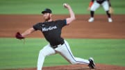 May 31, 2024; Miami, Florida, USA;  Miami Marlins pitcher A.J. Puk (35) pitches against the Texas Rangers in the seventh inning at loanDepot Park. Mandatory Credit: Jim Rassol-USA TODAY Sports