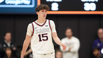 Feb 8, 2025; Stockton, California, USA; Gonzaga Bulldogs guard Joe Few (15) during the second half against the Pacific Tigers at Alex G. Spanos Center. Mandatory Credit: Darren Yamashita-Imagn Images