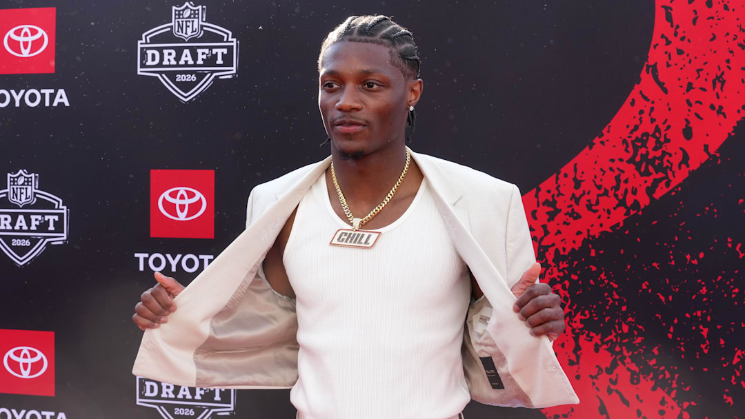 Apr 23, 2026; Pittsburgh, PA, USA; Ohio State Buckeyes receiver Carnell Tate poses on the red carpet before the 2026 NFL Draft at Point State Park. Mandatory Credit: Kirby Lee-Imagn Images