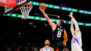 Oct 31, 2025; Phoenix, Arizona, USA; Phoenix Suns guard Grayson Allen (8) goes for a layup in the second half between the Phoenix Suns and the Utah Jazz at Mortgage Matchup Center. Mandatory Credit: Arianna Grainey-Imagn Images