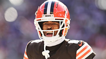 Oct 27, 2024; Cleveland, Ohio, USA; Cleveland Browns cornerback Greg Newsome II (0) celebrates during the second half against the Baltimore Ravens at Huntington Bank Field. Mandatory Credit: Ken Blaze-Imagn Images