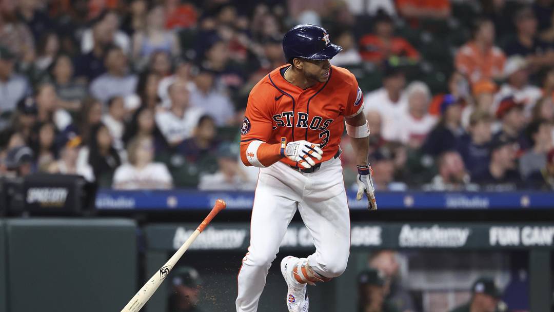 Jun 5, 2026; Houston, Texas, USA; Houston Astros shortstop Jeremy Pena (3) hits a single during the first inning against the Athletics at Daikin Park. Mandatory Credit: Troy Taormina-Imagn Images