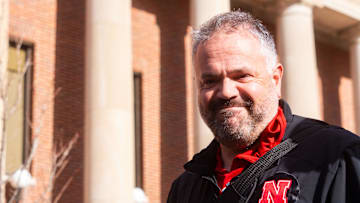 Nov 23, 2024; Lincoln, Nebraska, USA; Nebraska Cornhuskers head coach Matt Rhule walks into the stadium before the game against the Wisconsin Badgers at Memorial Stadium. Mandatory Credit: Dylan Widger-Imagn Images