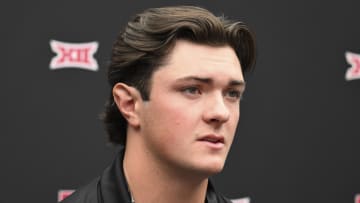 Jul 9, 2024; Las Vegas, NV, USA; Texas Tech quarterback Behren Morton speaks to the media during the Big 12 Media Days at Allegiant Stadium. Mandatory Credit: Candice Ward-USA TODAY Sports
