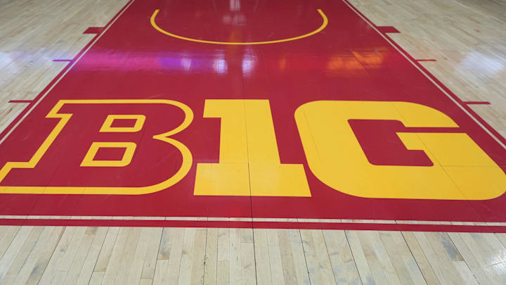 The Big Ten logo on the USC home court. The Big Ten logo on the USC home court.