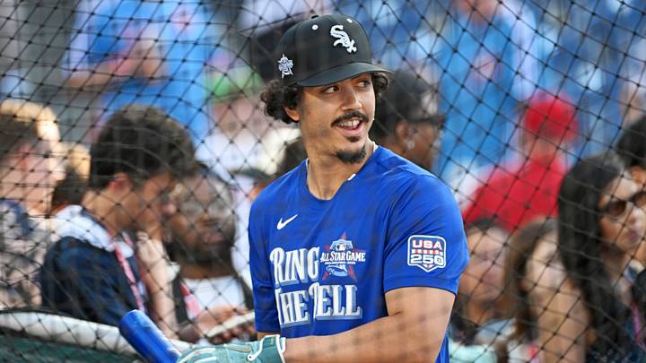 Jul 13, 2026; Philadelphia, PA, USA; Chicago White Sox third baseman Miguel Vargas (20) warms up before the home run derby at Citizens Bank Park. Mandatory Credit: Eric Hartline-Imagn Images