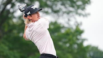 Jake Knapp tees off during the second round of the 2025 Rocket Classic at Detroit Golf Club