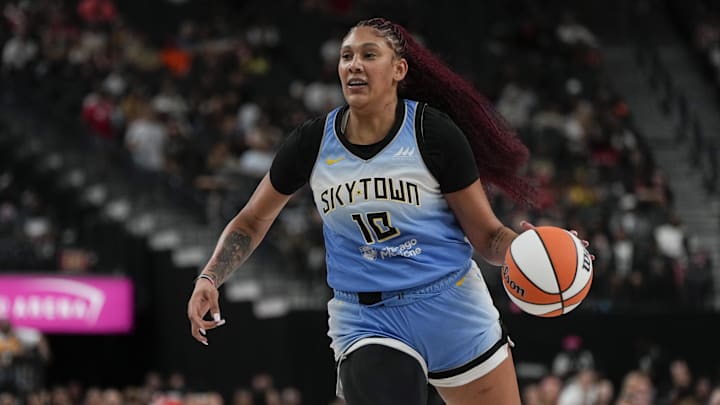 Sep 7, 2025; Las Vegas, Nevada, USA; Chicago Sky center Kamilla Cardoso (10) dribbles the ball against the Las Vegas Aces during the first half of a WNBA basketball game at T-Mobile Arena. Mandatory Credit: Lucas Peltier-Imagn Images