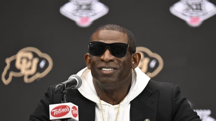 Jul 10, 2024; Las Vegas, NV, USA; Colorado Buffaloes head coach Deion Sanders speaks to the media during the Big 12 Media Days at Allegiant Stadium. Mandatory Credit: Candice Ward-USA TODAY Sports