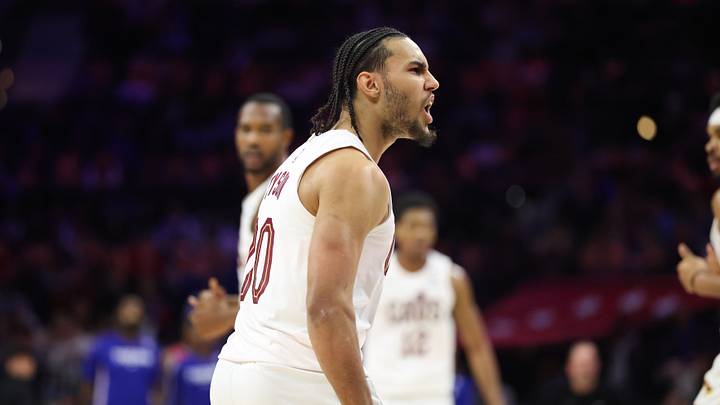 Jan 16, 2026; Philadelphia, Pennsylvania, USA; Cleveland Cavaliers guard Jaylon Tyson (20) reacts after a score against the Philadelphia 76ers during the fourth quarter at Xfinity Mobile Arena. Mandatory Credit: Bill Streicher-Imagn Images