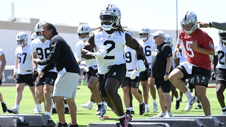 Jun 10, 2025; Henderson, NV, USA; Las Vegas Raiders running back Ashton Jeanty (2) performs a drill during Las Vegas Raiders Minicamp at Intermountain Health Performance Center. Mandatory Credit: Candice Ward-Imagn Images Jun 10, 2025; Henderson, NV, USA; Las Vegas Raiders running back Ashton Jeanty (2) performs a drill during Las Vegas Raiders Minicamp at Intermountain Health Performance Center. Mandatory Credit: Candice Ward-Imagn Images