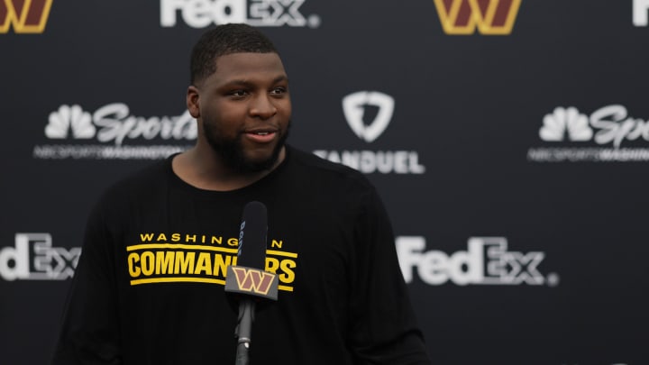 May 6, 2022; Ashburn, Virginia, USA; Washington Commanders defensive tackle Phidarian Mathis speaks with the media after Washington Commanders rookie minicamp at Inova Performance Center In Ashburn, VA. 