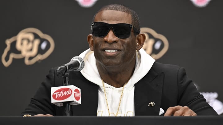 Jul 10, 2024; Las Vegas, NV, USA; Colorado Buffaloes head coach Deion Sanders speaks to the media during the Big 12 Media Days at Allegiant Stadium. Mandatory Credit: Candice Ward-USA TODAY Sports