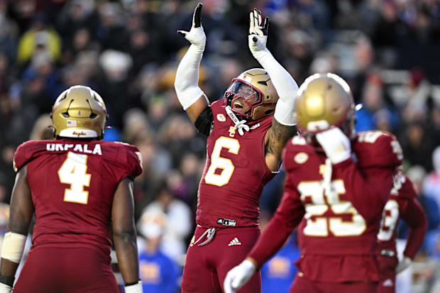 Boston College Eagles defensive end Donovan Ezeiruaku reacts after a sack against the Pittsburgh Panthers