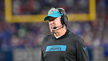 Sep 23, 2024; Orchard Park, New York, USA; Jacksonville Jaguars head coach Doug Pederson on the sidelines in the third quarter against the Buffalo Bills at Highmark Stadium. Mandatory Credit: Mark Konezny-Imagn Images