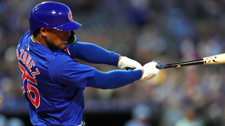 Mar 5, 2024; Surprise, Arizona, USA; Chicago Cubs shortstop Luis Vazquez (75) bats against the Kansas City Royals during the third inning at Surprise Stadium.