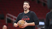 Nov 14, 2025; Houston, Texas, USA;  Houston Rockets center Alperen Sengun (28) smiles on the court before the game against the Portland Trail Blazers at Toyota Center. Mandatory Credit: Troy Taormina-Imagn Images