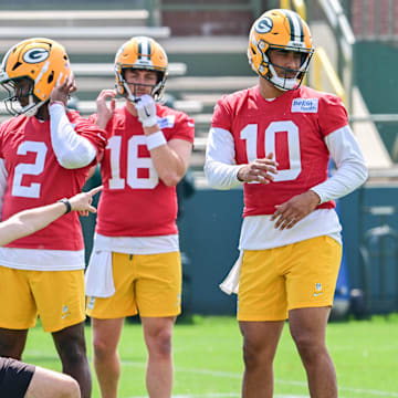 Green Bay Packers quarterbacks Malik Willis (2), Sean Clifford (16) and Jordan Love (10). Will they be the QBs who survive training camp?