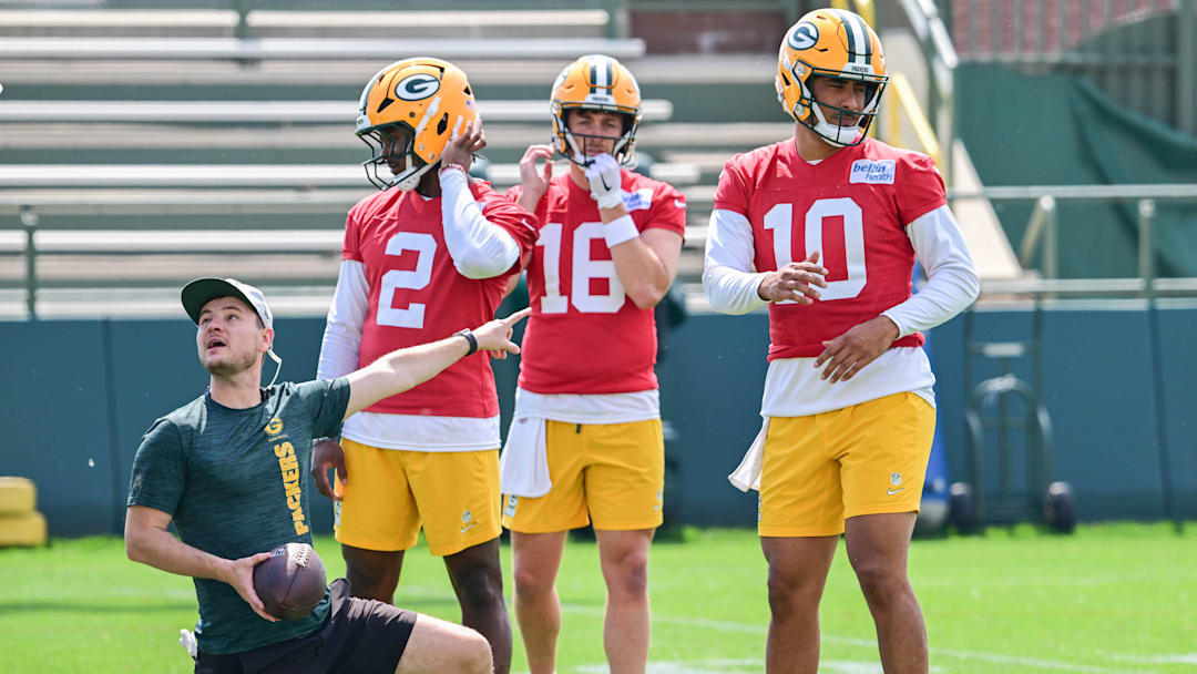 Jun 11, 2025; Green Bay, WI, USA;  Green Bay Packers quarterback Malik Willis (2), quarterback Sean Clifford (16) and quarterback Jordan Love (10) participates in the team's minicamp at Ray Nitschke Field. Mandatory Credit: Benny Sieu-Imagn Images