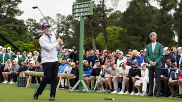 Apr 11, 2024; Augusta, Georgia, USA; Tom Watson watches his tee shot for the honorary start for the