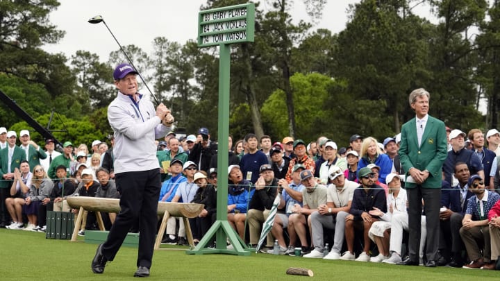 Apr 11, 2024; Augusta, Georgia, USA; Tom Watson watches his tee shot for the honorary start for the