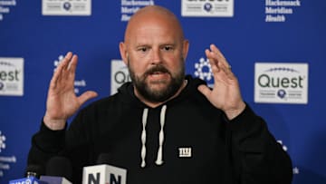 May 9, 2025; East Rutherford, NJ, USA; New York Giants head coach Brian Daboll speaks during a press conference prior to rookie minicamp at Quest Diagnostics Training Center. Mandatory Credit: John Jones-Imagn Images