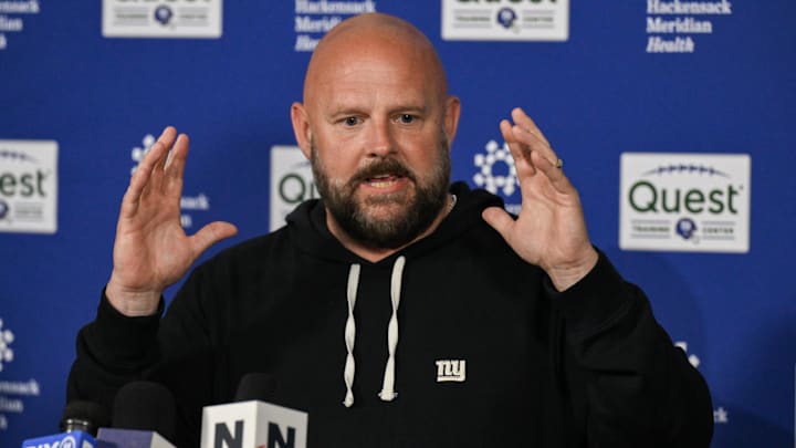 May 9, 2025; East Rutherford, NJ, USA; New York Giants head coach Brian Daboll speaks during a press conference prior to rookie minicamp at Quest Diagnostics Training Center. Mandatory Credit: John Jones-Imagn Images