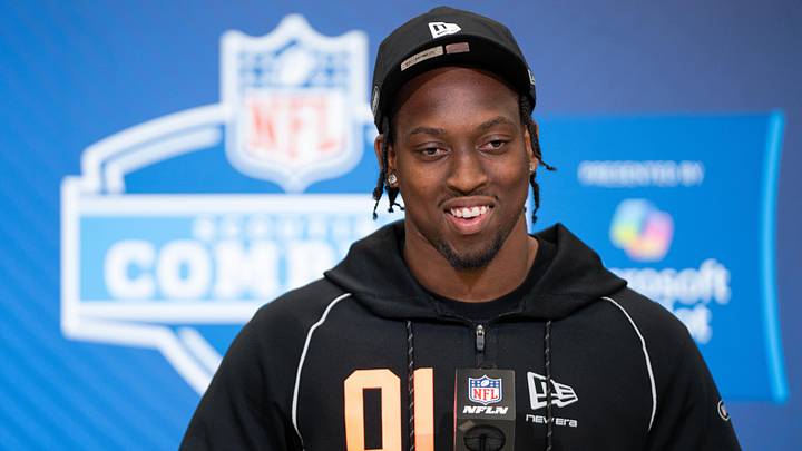Feb 27, 2026; Indianapolis, IN, USA; Penn State running back Kaytron Allen (RB01) speaks to members of the media during the NFL Combine at the Indiana Convention Center. Mandatory Credit: Jacob Musselman-Imagn Images