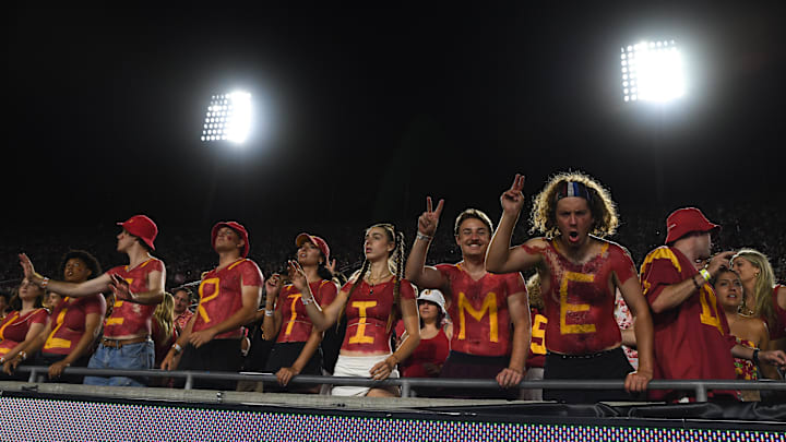 Sep 7, 2024; Los Angeles, California, USA; USC Trojan fans react in the game against the Utah State Aggies during the first quarter at United Airlines Field at Los Angeles Memorial Coliseum. Mandatory Credit: Jonathan Hui-Imagn Images