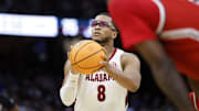 Mar 21, 2025; Cleveland, OH, USA; Alabama Crimson Tide guard Chris Youngblood (8) shoots the ball in the second half against the Robert Morris Colonials during the NCAA Tournament First Round at Rocket Arena. 