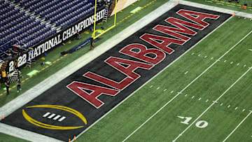 Jan 10, 2022; Indianapolis, IN, USA; A detailed view of the Alabama Crimson Tide logo during the 2022 CFP college football national championship game at Lucas Oil Stadium. Mandatory Credit: Kirby Lee-Imagn Images