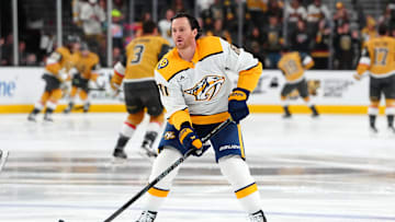 Apr 12, 2025; Las Vegas, Nevada, USA; Nashville Predators center Jonathan Marchessault (81) warms up before a game against the Vegas Golden Knights at T-Mobile Arena. Mandatory Credit: Stephen R. Sylvanie-Imagn Images