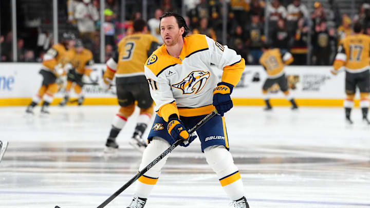 Apr 12, 2025; Las Vegas, Nevada, USA; Nashville Predators center Jonathan Marchessault (81) warms up before a game against the Vegas Golden Knights at T-Mobile Arena. Mandatory Credit: Stephen R. Sylvanie-Imagn Images