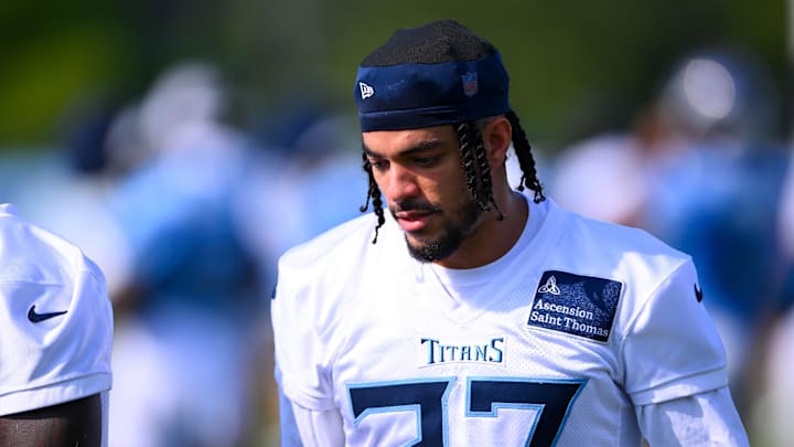 Jul 23, 2025; Nashville, TN, USA;  Tennessee Titans safety Amani Hooker (37) during training camp at Ascension Saint Thomas Sports Park. Mandatory Credit: Steve Roberts-Imagn Images