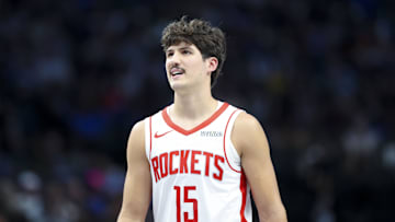 Oct 31, 2024; Dallas, Texas, USA;  Houston Rockets guard Reed Sheppard (15) during the first half against the Dallas Mavericks at American Airlines Center. Mandatory Credit: Kevin Jairaj-Imagn Images