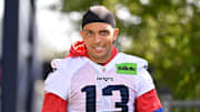 Jul 23, 2025; Foxborough, MA, USA; New England Patriots wide receiver Mack Hollins (13) heads to the practice field for day one of training camp at Gillette Stadium. Mandatory Credit: Eric Canha-Imagn Images