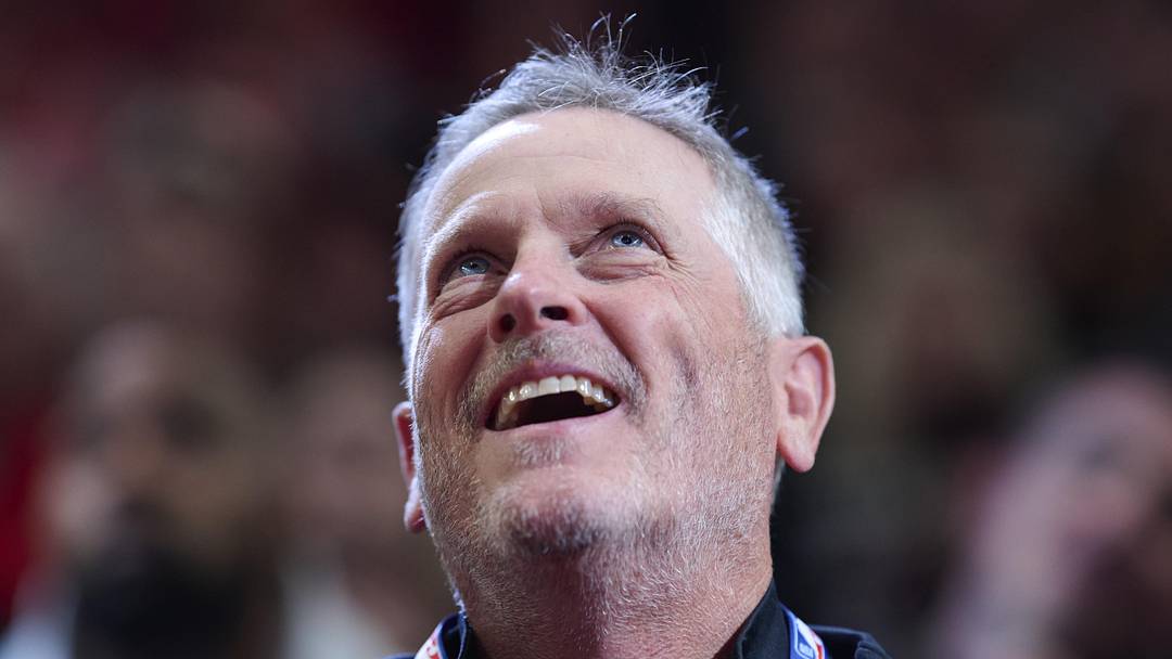 Apr 2, 2026; Portland, Oregon, USA; Portland Trail Blazers owner Tom Dundon is introduced. Mandatory Credit: Troy Wayrynen-Imagn Images