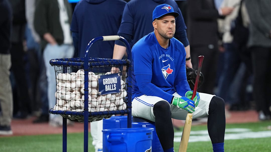 Mar 27, 2026; Toronto, Ontario, CAN; Toronto Blue Jays right fielder George Springer (4) sits during batting practice before a game against the Athletics at Rogers Centre. Mandatory Credit: Nick Turchiaro-Imagn Images