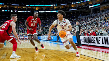 Mar 21, 2024; Pittsburgh, PA, USA; Texas Tech Red Raiders guard Darrion Williams (5) dribbles the ball down the court in the first round of the 2024 NCAA Tournament at PPG Paints Arena. Mandatory Credit: Gregory Fisher-Imagn Images
