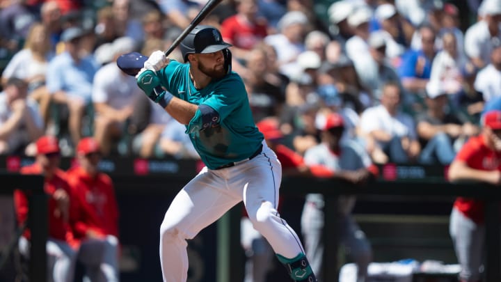 Seattle Mariners first baseman Tyler Locklear waits for a pitch July 24 against the Los Angeles Angels at T-Mobile Park. 